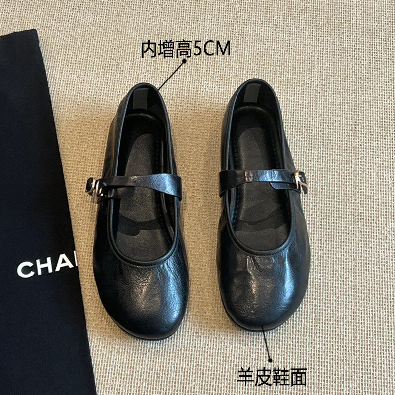 香港真皮内增高5cm小皮鞋平底奶奶鞋浅口一字扣带复古玛丽珍单鞋