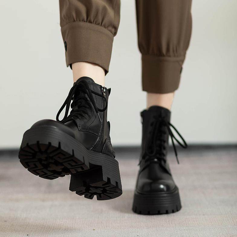 潮牌厚底真皮马丁靴女ins2025新款系带加绒松糕机车靴子粗跟短靴,女鞋,马丁靴,淘宝优惠券,粉丝福利购,淘宝优惠卷