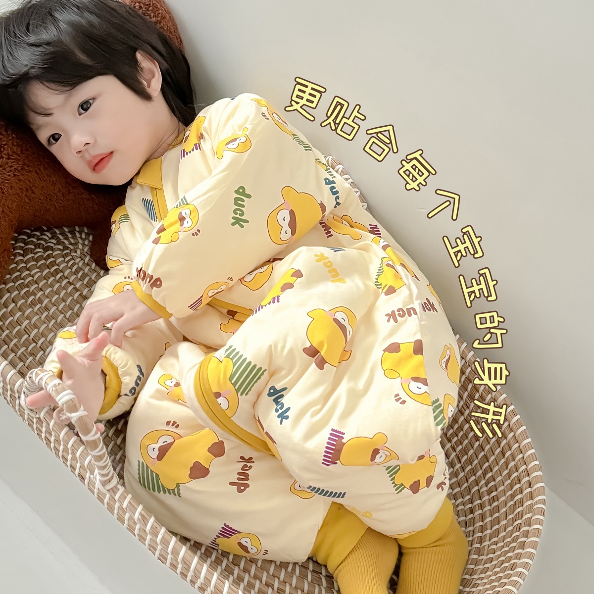 全棉纯棉男童连体睡衣夹棉恒温保暖秋冬加厚款婴儿宝宝防踢被纯棉