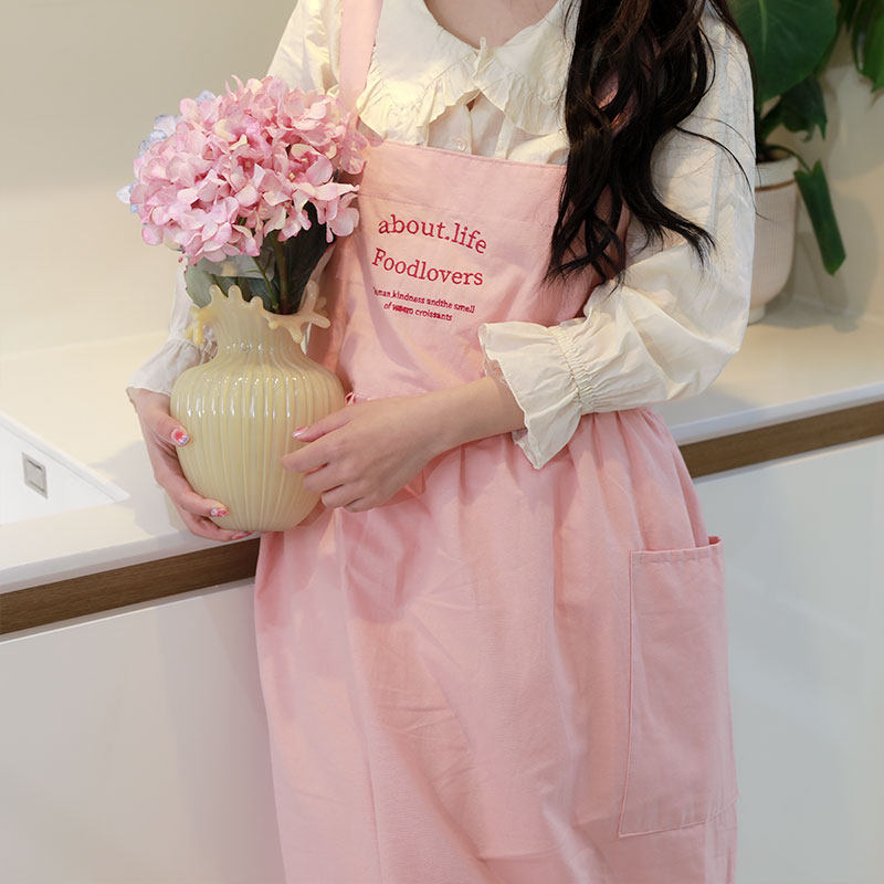 韩式围裙厨房家用做饭专用防脏烘焙美甲女大码棉质粉色工作服水油