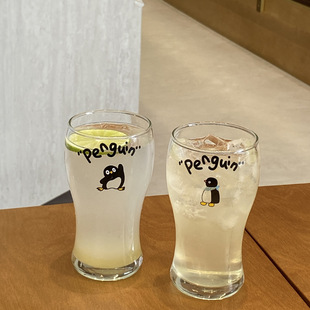 可愛企鵝果汁杯夏季 大容量冷飲大肚杯卡通玻璃杯 ins復古啤酒杯