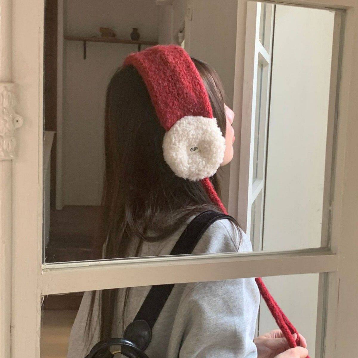 2025复古时髦百搭单品系带耳罩女秋冬保暖时尚毛绒撞色针织耳套