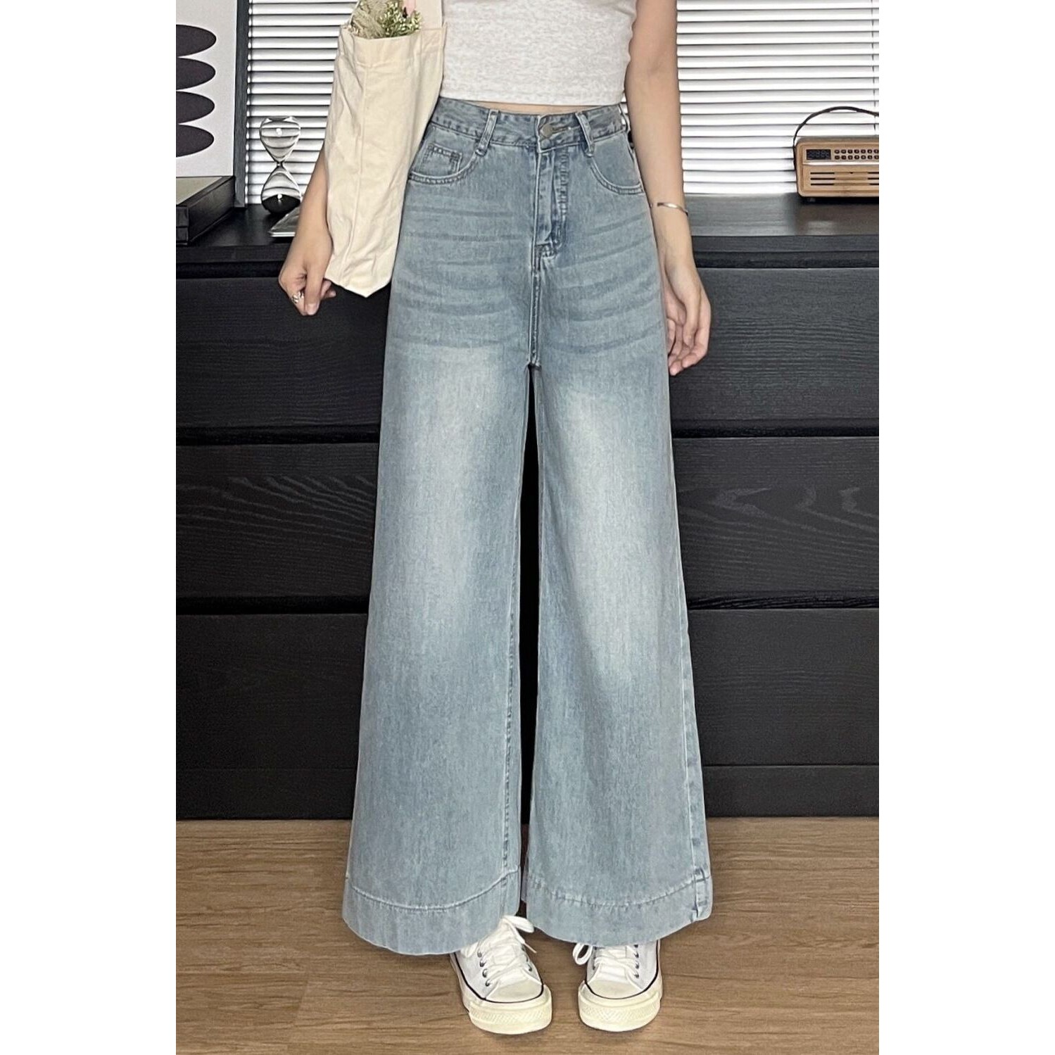 浅色水洗春秋季阔腿牛仔裤女薄款凉感高腰显宽松大码九分直筒