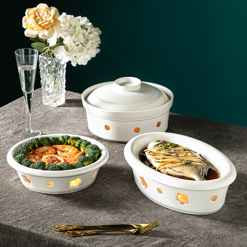 家用明炉酒店餐具干锅蜡烛加热保温鱼盘圆形汤盘梅花炉陶瓷热菜盘