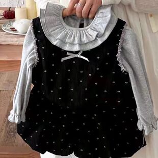 女童时髦三件套法式黑色波点套装女童秋冬新款气质上衣可爱花苞裤
