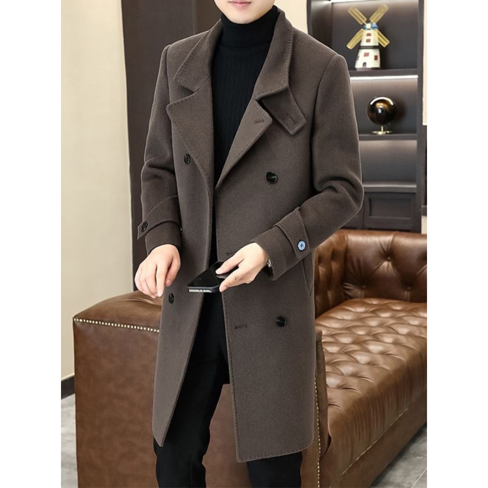 韩版修身高级双排扣秋冬季士感时尚毛呢大衣男中长款外套呢子风衣