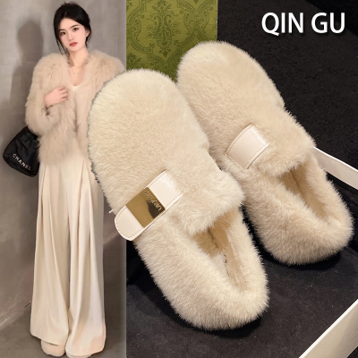 一脚蹬厚底加绒2024新款豆豆法式棉鞋保暖毛毛鞋女秋冬季白色外穿