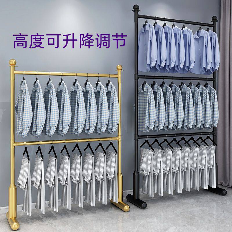 可升降双层挂衣架落地服装展示架卧室阳台上下多层晾晒衣杆铁架