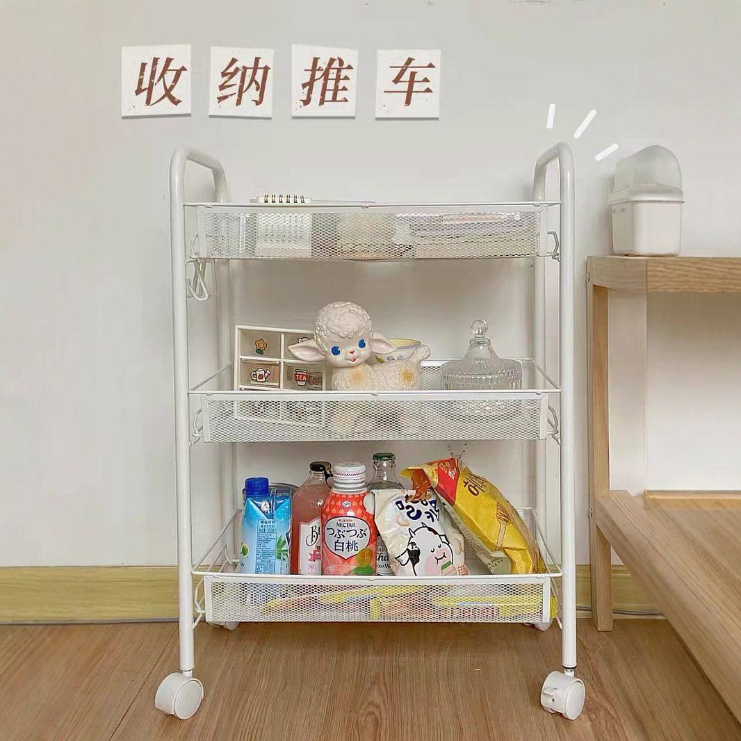家用厨房置物架落地多层金属网篮客厅卧室收纳架带轮小推车可移动