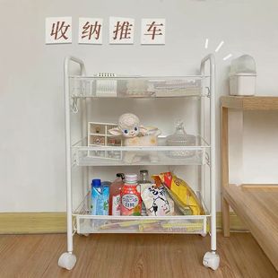 家用厨房置物架落地多层金属网篮客厅卧室收纳架带轮小推车可移动