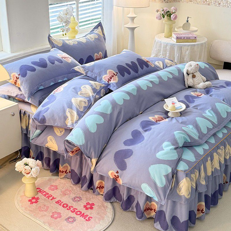 T5J网红家用床裙四件套水洗棉被套床垫保护套防滑床单韩版床上三