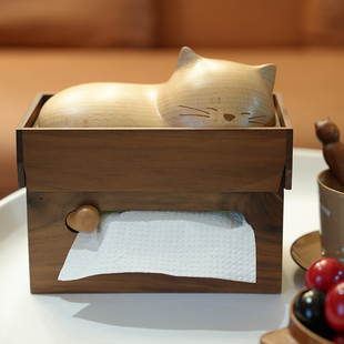 酿秋可爱猫咪纸巾盒创意实木安睡猫咪客厅餐厅家用软萌摆件