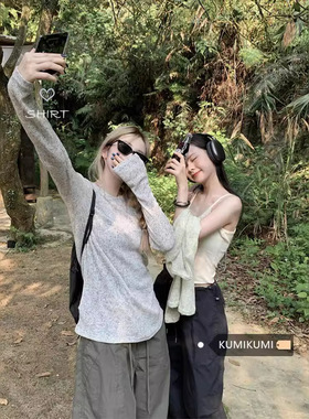 软糯微透防晒长袖T恤女2025夏宽松薄款圆领罩衫简约清凉高级上衣