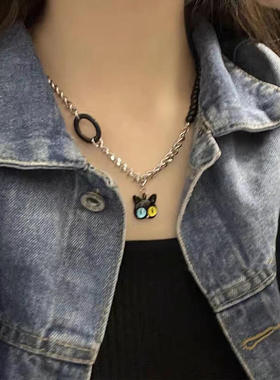 轻奢小众设计感卫衣链黑色猫咪钛