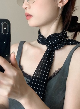 高级感丝巾女长条波点设计感2025新款玫瑰花围脖飘带百搭系脖