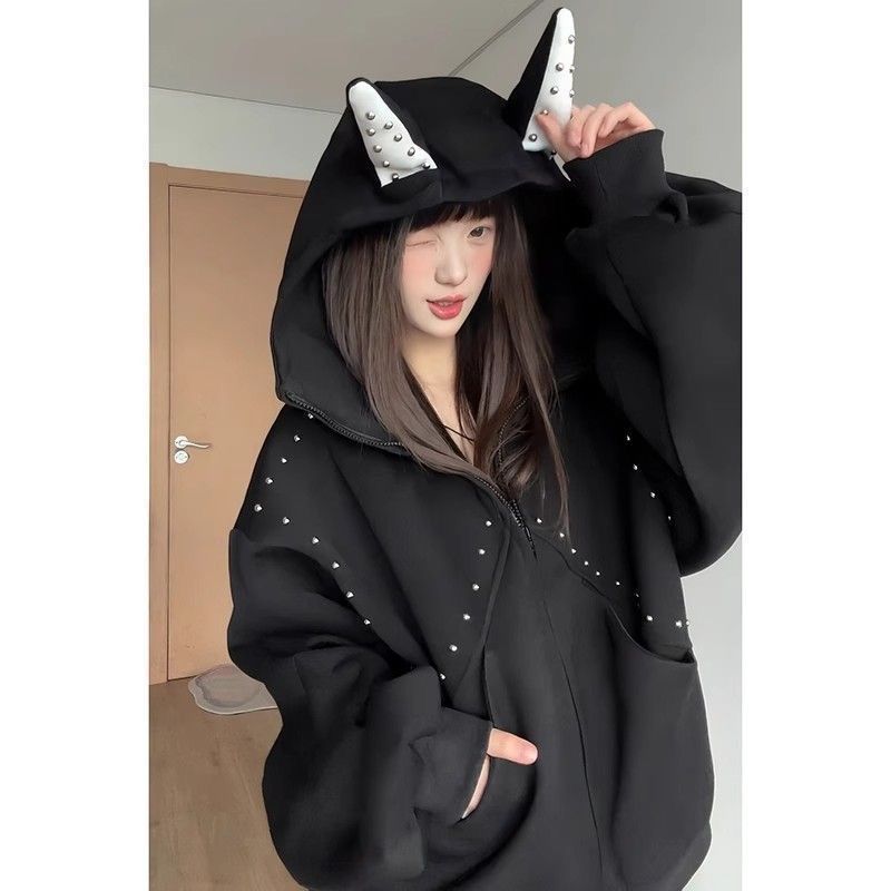 纯棉华棉复合·美式拼接柳钉狗狗耳连帽开衫卫衣秋季新款女薄外套