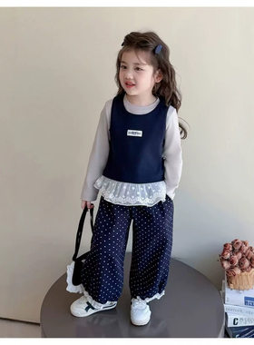 童装女童初秋韩版套装秋季儿童宝宝洋气网纱背心长袖打底衫灯笼裤