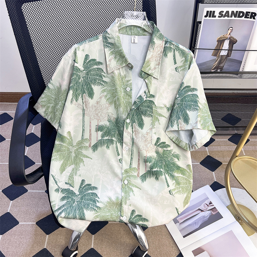 夏季海岛植物主题印花短袖衬衫男港风潮牌宽松bf风情侣沙滩花