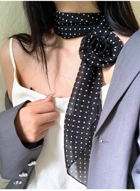 长条波点立体玫瑰花丝巾女春薄款氛围感小众围巾气质领巾细窄