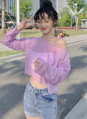 厂家直销夏季防晒衣女套头高腰露脐T恤衫微透上衣短款小坎肩罩衫