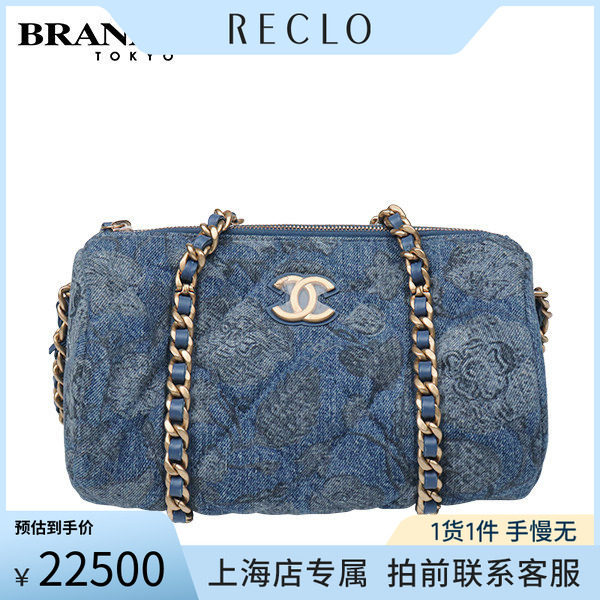「9.0新」CHANEL(香奈儿)山茶花印花保龄球包蓝色印花丹宁斜挎包