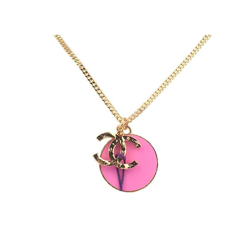 中古「9新」CHANEL(香奈儿)双C圆饼吊饰长项链芭比粉镀金RECLO