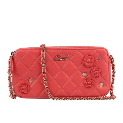 「8.5新」CHANEL(香奈儿)山茶花链条钱包粉红羊皮二手奢侈品包包