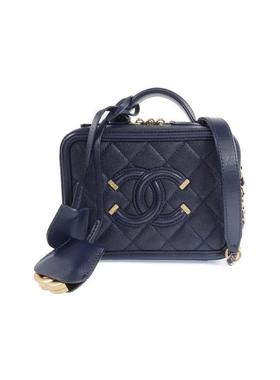 中古Chanel香奈儿女包A级95新Vanity化妆包牛皮斜挎包蓝色