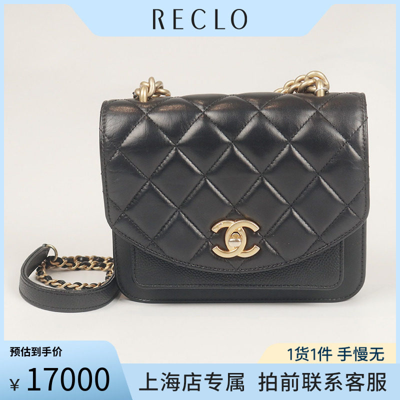 「9.0新」CHANEL(香奈儿)粗链条手柄方盖包黑色牛皮斜挎包A93749