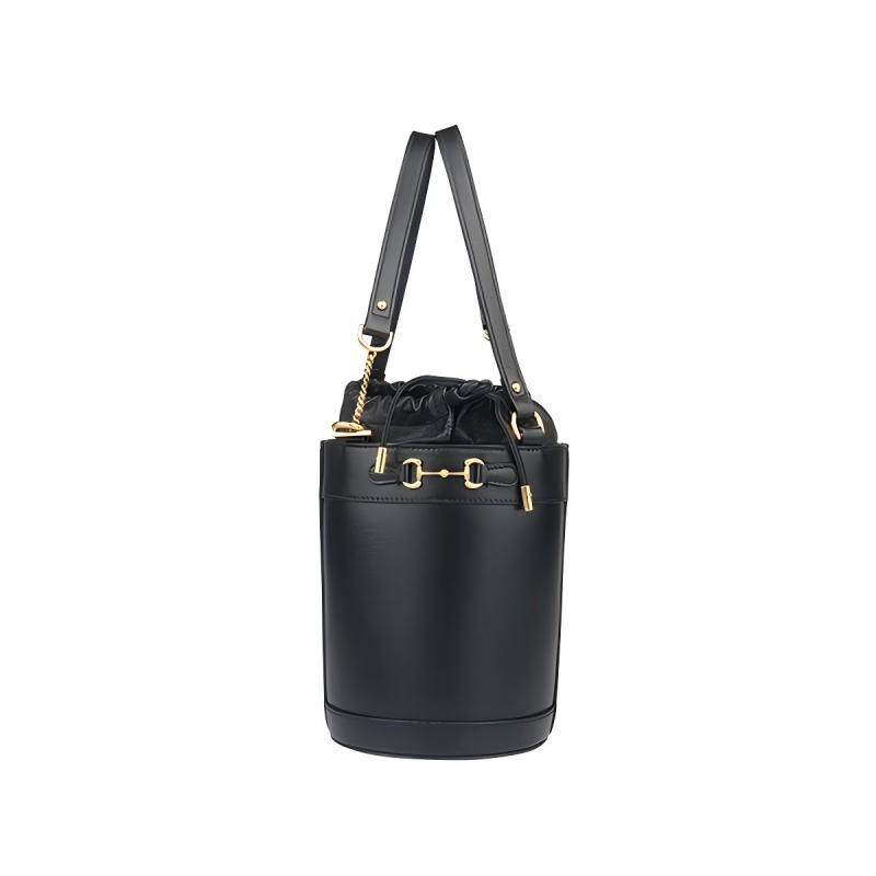 「9.0新」GUCCI(古驰)HORSEBIT 1955 抽绳水桶包黑色牛皮手提包