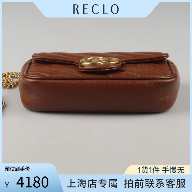 中古「9.0新」GUCCI(古驰)GG MARMONT棕色牛皮超迷你斜挎包476433