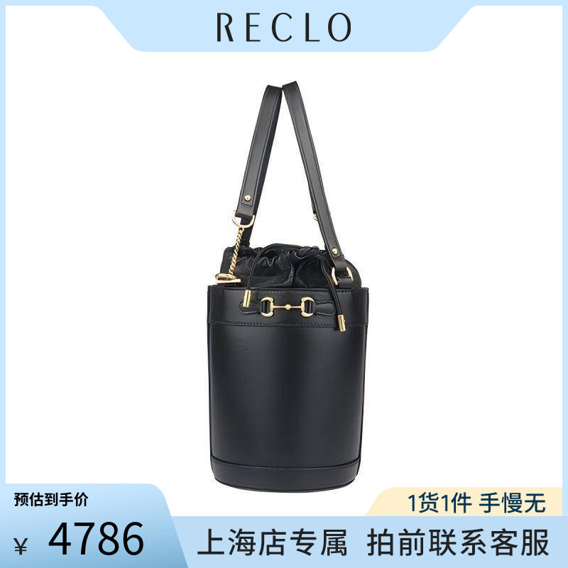 「9.0新」GUCCI(古驰)HORSEBIT 1955 抽绳水桶包黑色牛皮手提包