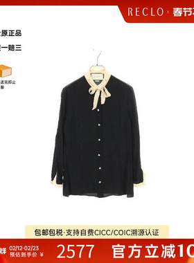 中古Gucci古驰女B级9新blouse女士衬衫丝绸上衣黑色reclo正品