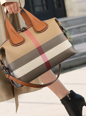 女士手提包新款时尚波士顿包简约大容量女包格纹通勤包包女跨境