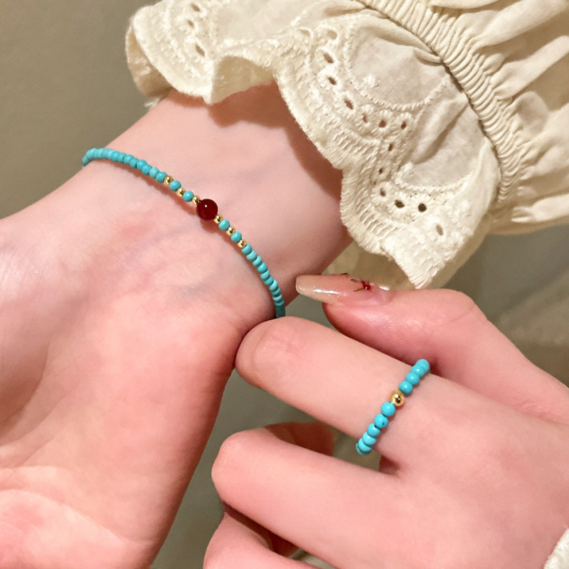 德国正宗朱砂痣~绿松石南红串珠手链女新中式转运珠手串戒指夏季