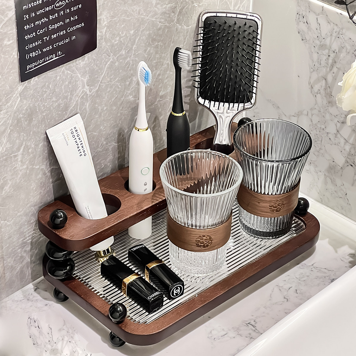 复古原木电动牙刷置物架卫生间玻璃漱口杯刷牙杯牙缸牙具收纳套装