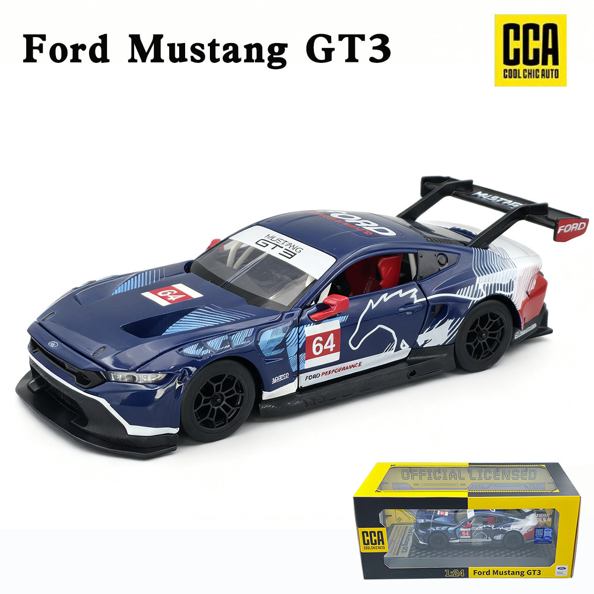 CCA彩珀1:24福特野马GT3合金汽车模型拉花跑车仿真车声光玩具车
