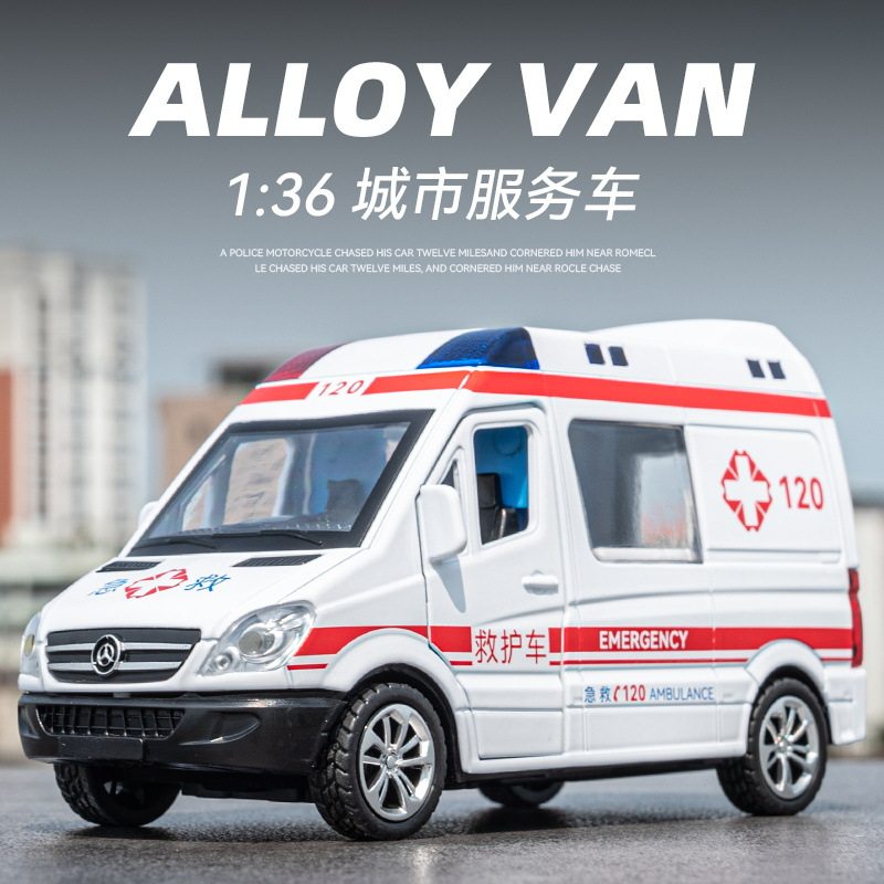 嘉业1:36奔驰凌特合金救护车模型声光玩具警车回力开门摆件热销