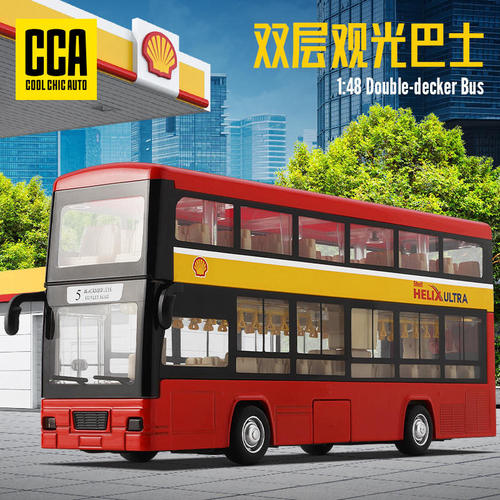 彩珀1:48合金双侧巴士模型观光车壳牌联名款公交车回力声光玩具
