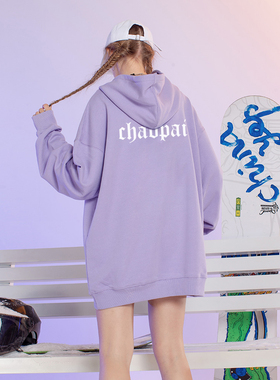 潮牌紫色连帽卫衣女春秋韩版纯棉字母长袖宽松百搭外套下衣失踪