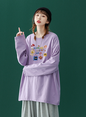 紫色纯棉重磅长袖t恤女2025春秋新款宽松打底内搭卡通印花上衣潮