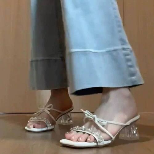 热风水钻凉鞋女2025夏季新款高跟鞋外穿绝美仙女风法式粗跟凉拖鞋
