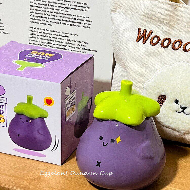 马克杯带盖茄子墩墩杯子水杯创意搞怪陶瓷家用生日礼物女生七夕节