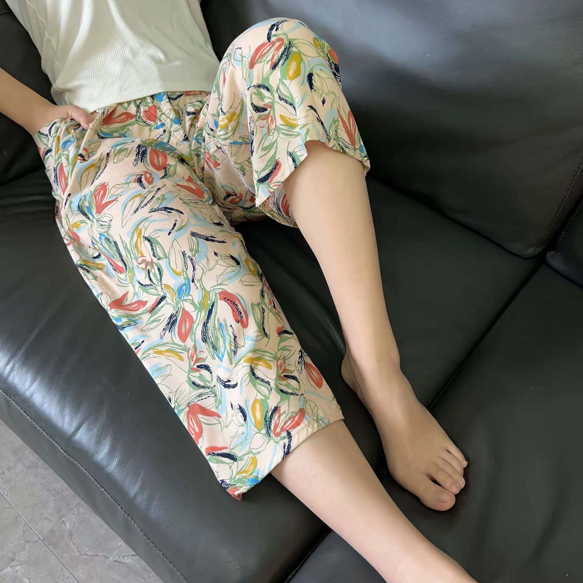 棉绸女士夏季薄款裤子人造棉短裤阔腿裤宽松大码七分裤家居可外穿