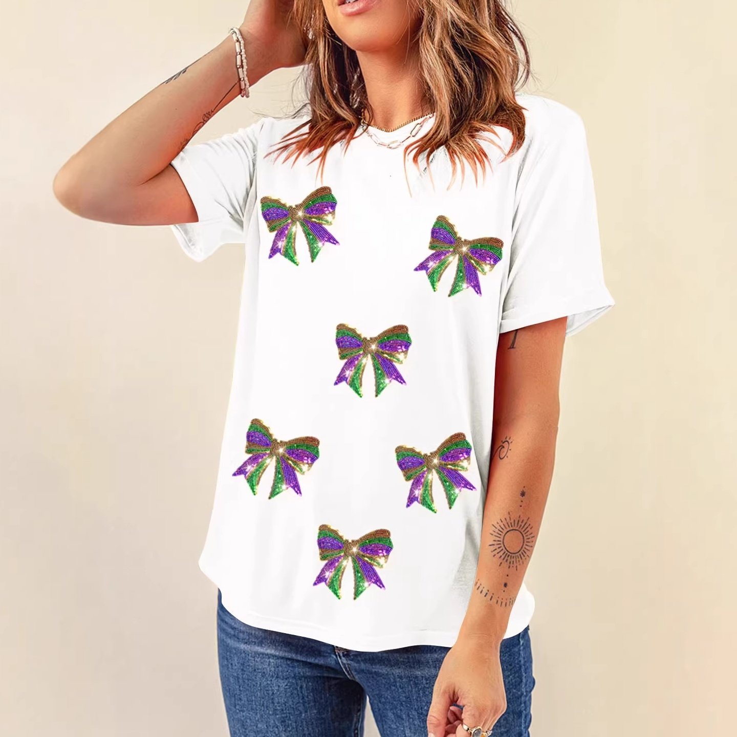 欧美t恤女圆领亮片蝴蝶结图案亚马逊夏季套头针织女式短袖,模玩/动漫/周边/娃圈三坑/桌游,Cosplay女装/cos女装,淘宝优惠券,粉丝福利购,淘宝优惠卷