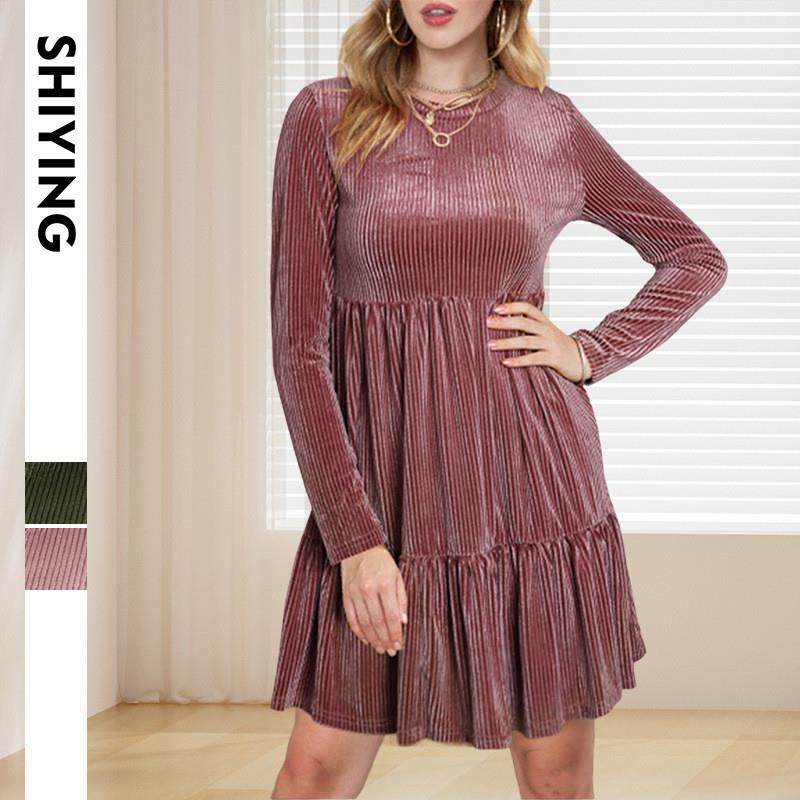 欧美通勤百搭丝绒连衣裙女独立站跨境热卖秋冬新款纯色高腰短裙女