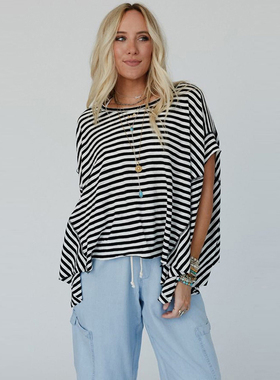 宽松条纹撞色T恤 Women's Loose Stripe Color Block Cotton Top