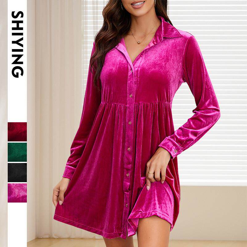 跨境新款纯色连衣裙欧美女装衬衫领高腰丝绒长袖优雅风连衣裙