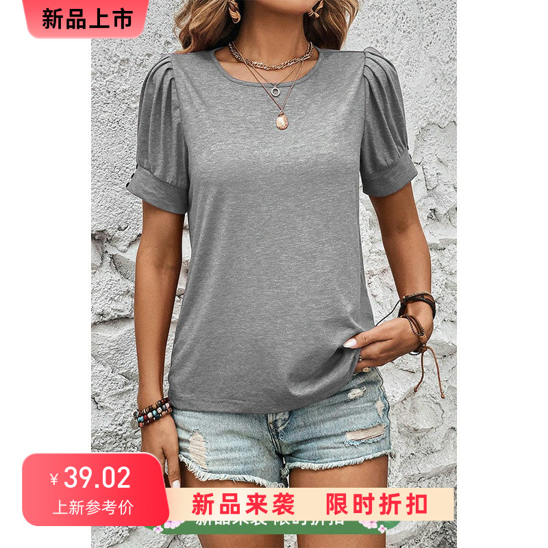 欧美纯黑色短袖T恤女2024夏季新款灯笼三分袖女士套头衫上衣女薄