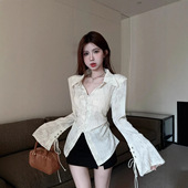 一折专区 MAMMJUDX美式 扎染v领衬衫 女春秋新款 设计感系带喇叭